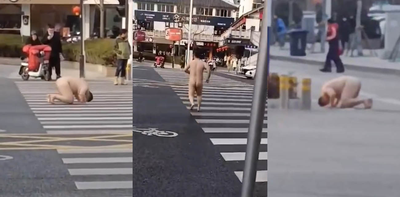白胖裸男大街上全裸露出 在斑马线上向路人磕头 吓得车辆纷纷避让 这难道也是主人的任务？ - 51吃瓜网-51吃瓜网